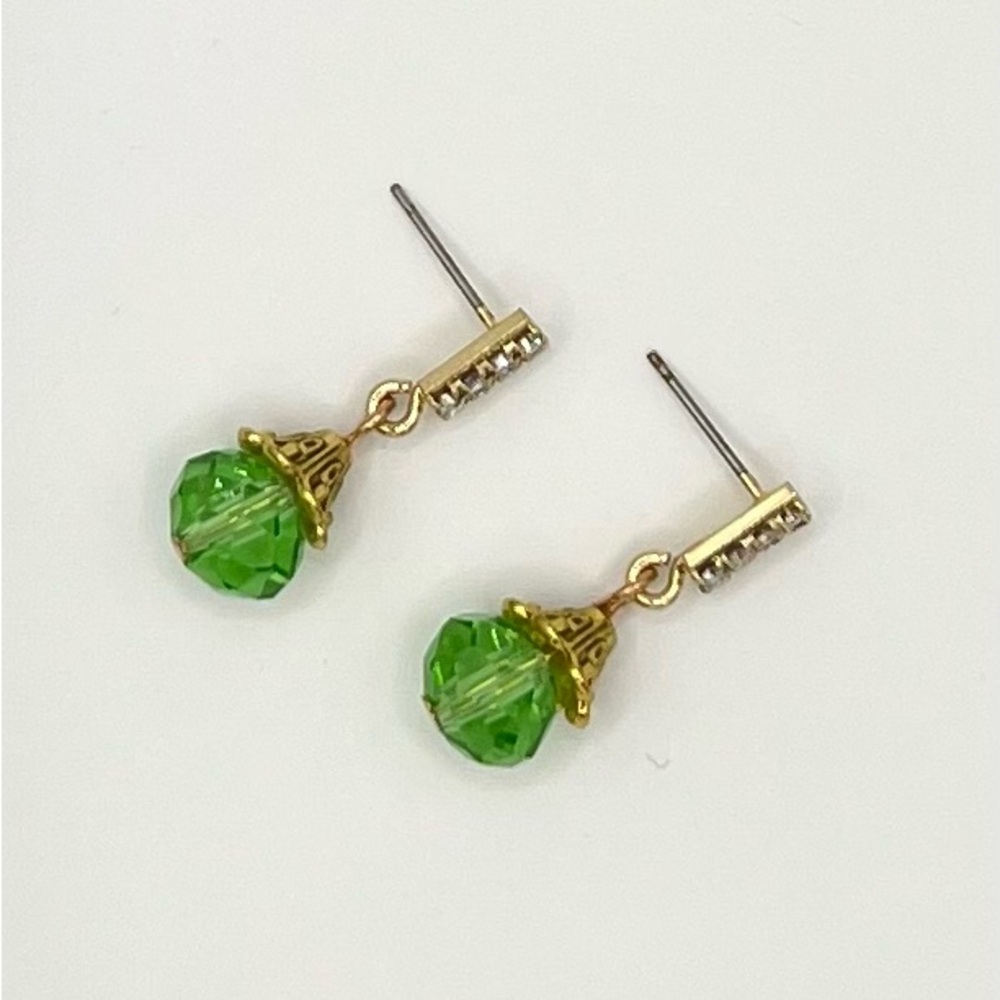 Gold Rhinestone Stud Earrings with Green Crystals - Picture 2 of 3